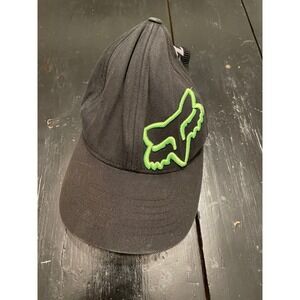 Fox Racing Mens Flexfit Hat Black Neon Green Fox Head Logo Baseball Cap S M